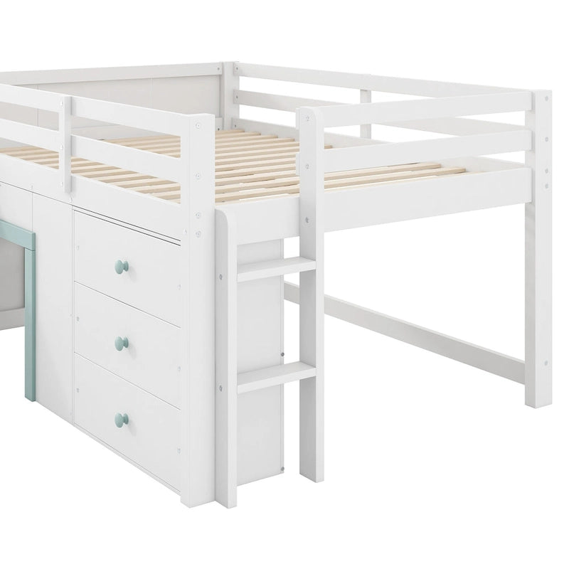 Lit bas mezzanine blanc pleine grandeur avec toboggan, pour 1 enfant