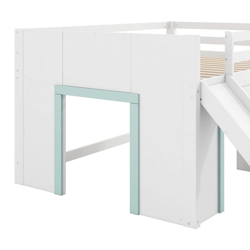Lit bas mezzanine blanc pleine grandeur avec toboggan, pour 1 enfant