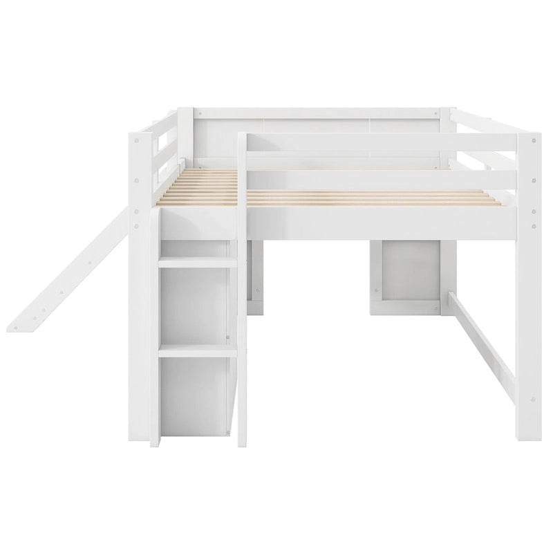 Lit bas mezzanine blanc pleine grandeur avec toboggan, pour 1 enfant
