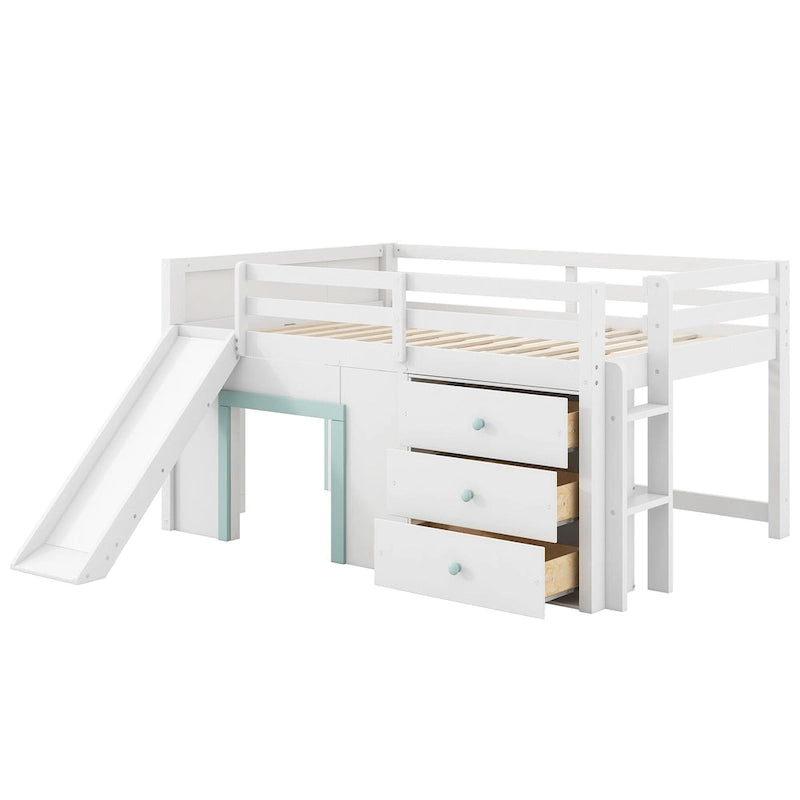 Lit bas mezzanine blanc pleine grandeur avec toboggan, pour 1 enfant