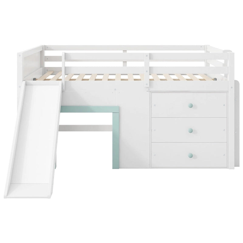 Lit bas mezzanine blanc pleine grandeur avec toboggan, pour 1 enfant