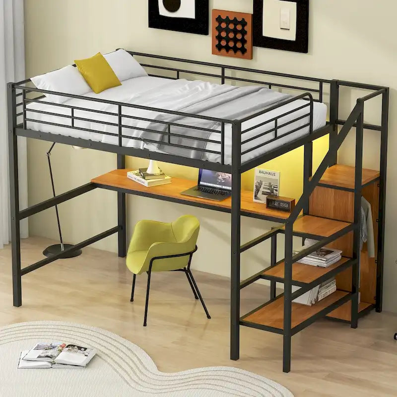 Lit mezzanine en métal noir pleine grandeur avec bureau, armoire et lumière LED, 1 personne