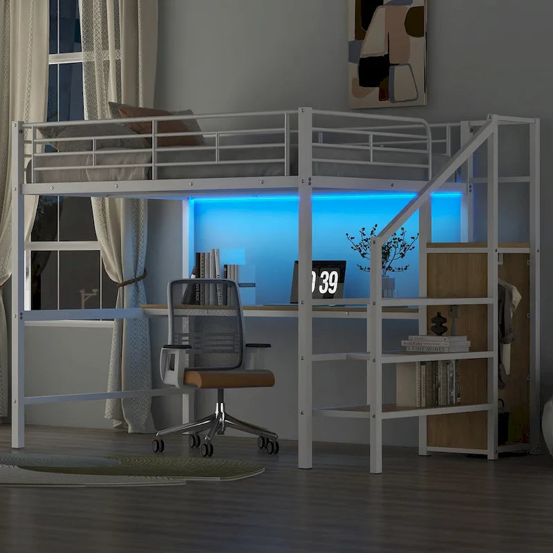 Lit mezzanine en métal noir pleine grandeur avec bureau, armoire et lumière LED, 1 personne