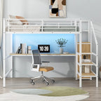 Lit mezzanine en métal noir pleine grandeur avec bureau, armoire et lumière LED, 1 personne