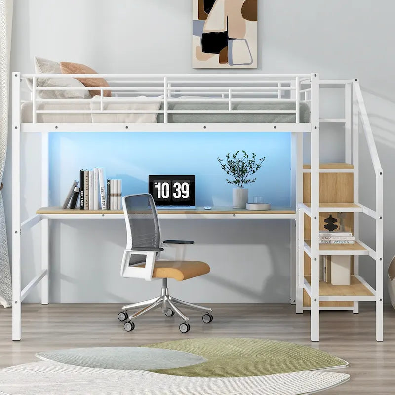 Lit mezzanine en métal noir pleine grandeur avec bureau, armoire et lumière LED, 1 personne