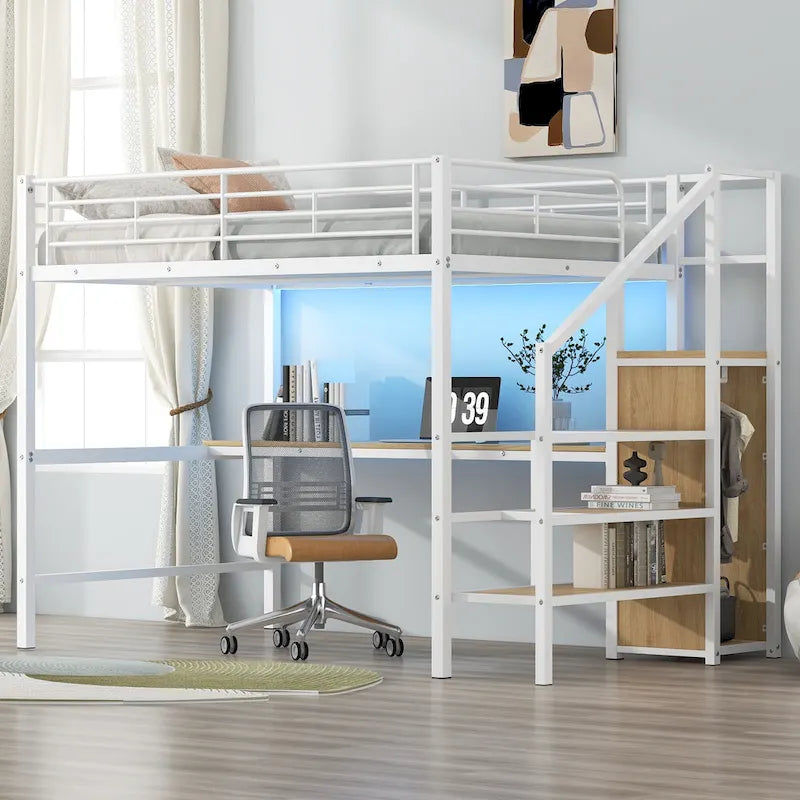 Lit mezzanine en métal noir pleine grandeur avec bureau, armoire et lumière LED, 1 personne