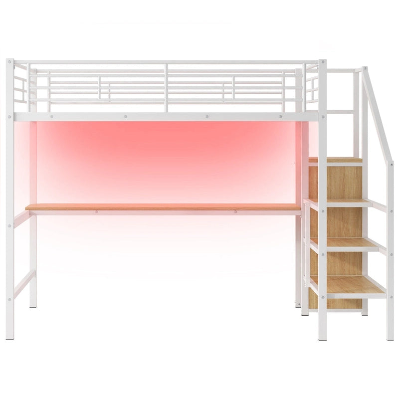Lit mezzanine en métal noir pleine grandeur avec bureau, armoire et lumière LED, 1 personne