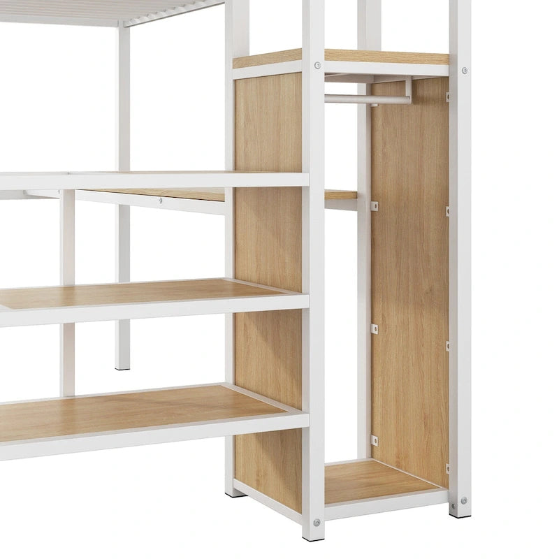 Lit mezzanine en métal noir pleine grandeur avec bureau, armoire et lumière LED, 1 personne