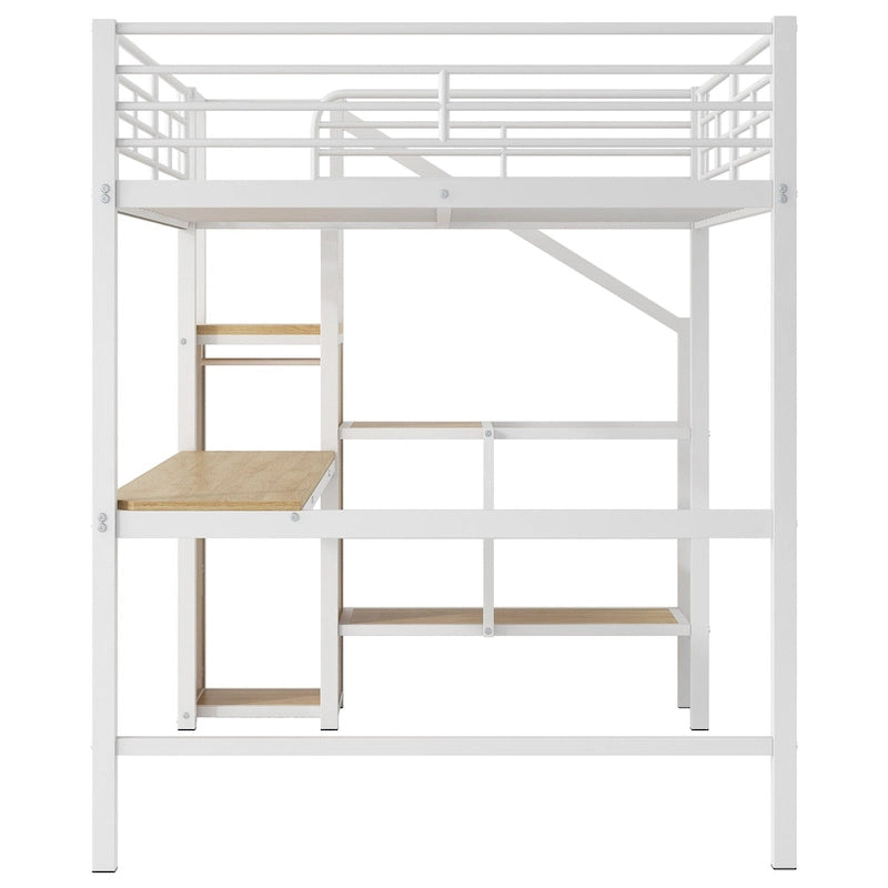 Lit mezzanine en métal noir pleine grandeur avec bureau, armoire et lumière LED, 1 personne