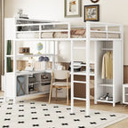 Lit mezzanine en métal pleine grandeur blanc cassé et noir avec bureau en L, armoire et rangement – 1 personne