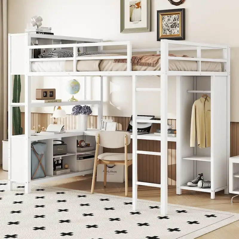 Lit mezzanine en métal pleine grandeur blanc cassé et noir avec bureau en L, armoire et rangement – 1 personne