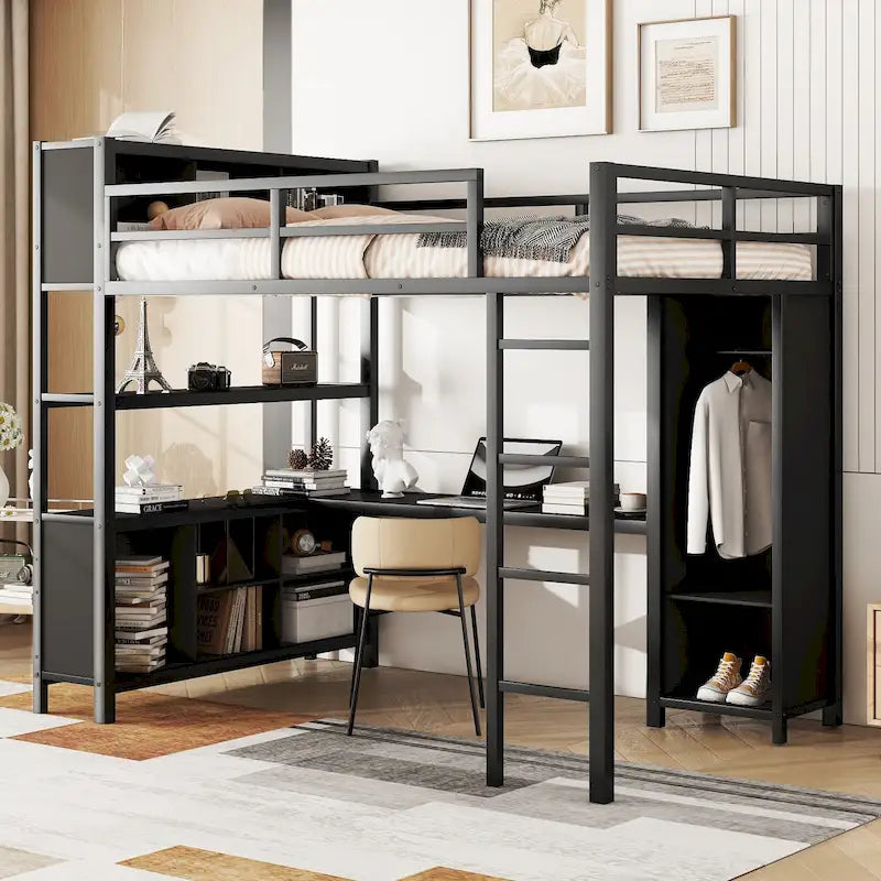 Lit mezzanine en métal pleine grandeur blanc cassé et noir avec bureau en L, armoire et rangement – 1 personne