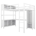Lit mezzanine en métal pleine grandeur blanc cassé et noir avec bureau en L, armoire et rangement – 1 personne