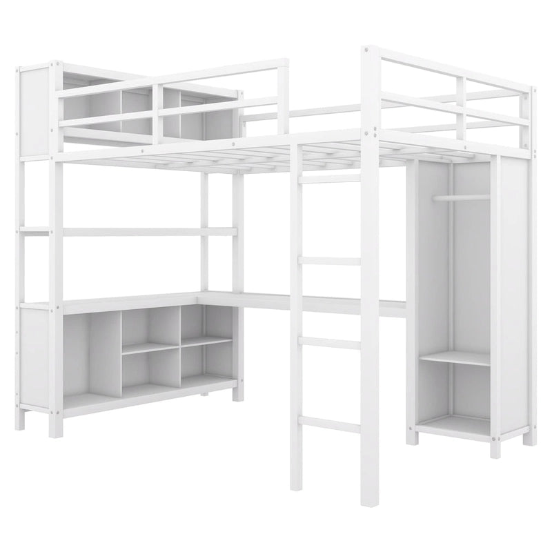 Lit mezzanine en métal pleine grandeur blanc cassé et noir avec bureau en L, armoire et rangement – 1 personne