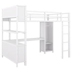 Lit mezzanine en métal pleine grandeur blanc cassé et noir avec bureau en L, armoire et rangement – 1 personne