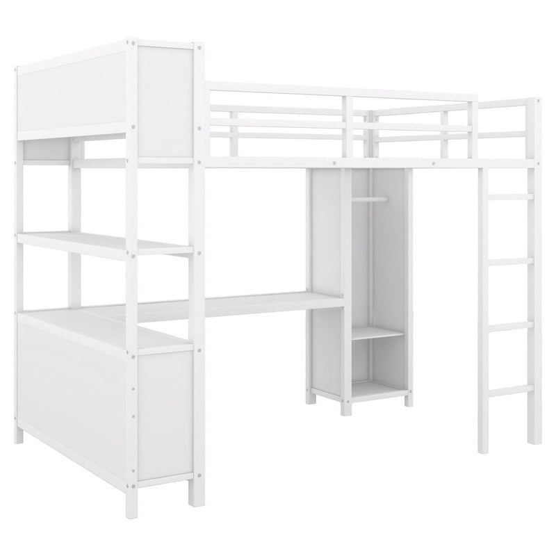 Lit mezzanine en métal pleine grandeur blanc cassé et noir avec bureau en L, armoire et rangement – 1 personne