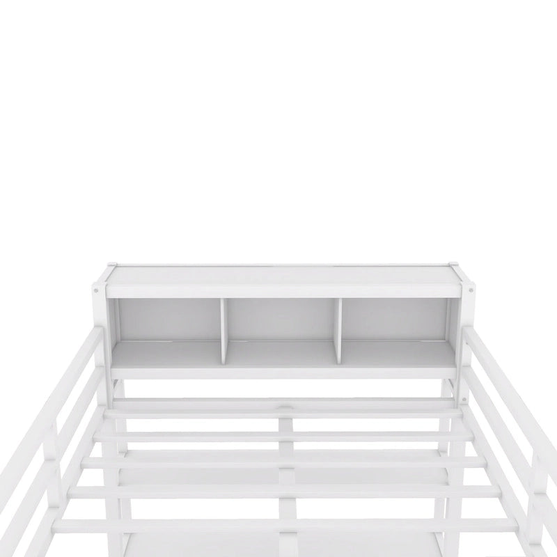 Lit mezzanine en métal pleine grandeur blanc cassé et noir avec bureau en L, armoire et rangement – 1 personne