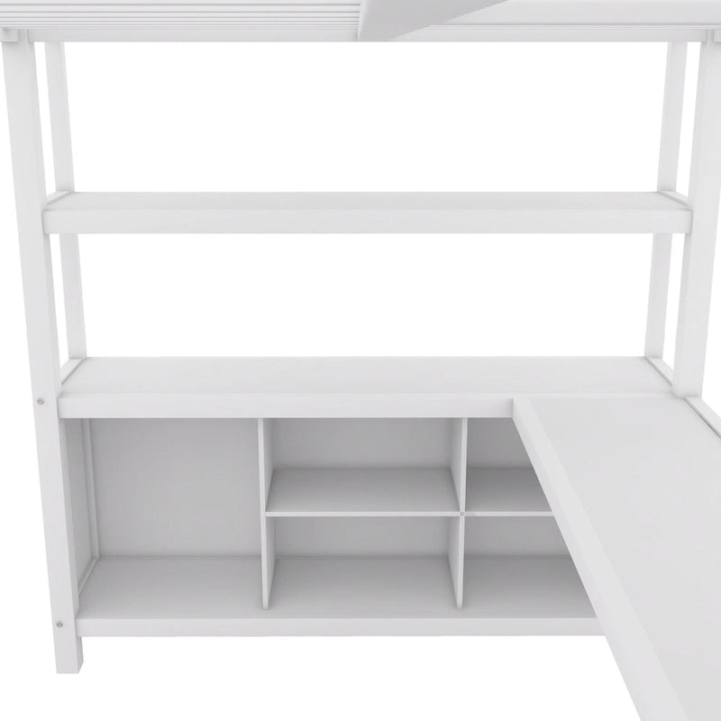 Lit mezzanine en métal pleine grandeur blanc cassé et noir avec bureau en L, armoire et rangement – 1 personne