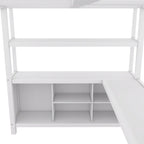 Lit mezzanine en métal pleine grandeur blanc cassé et noir avec bureau en L, armoire et rangement – 1 personne
