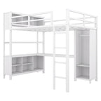 Lit mezzanine en métal pleine grandeur blanc cassé et noir avec bureau en L, armoire et rangement – 1 personne