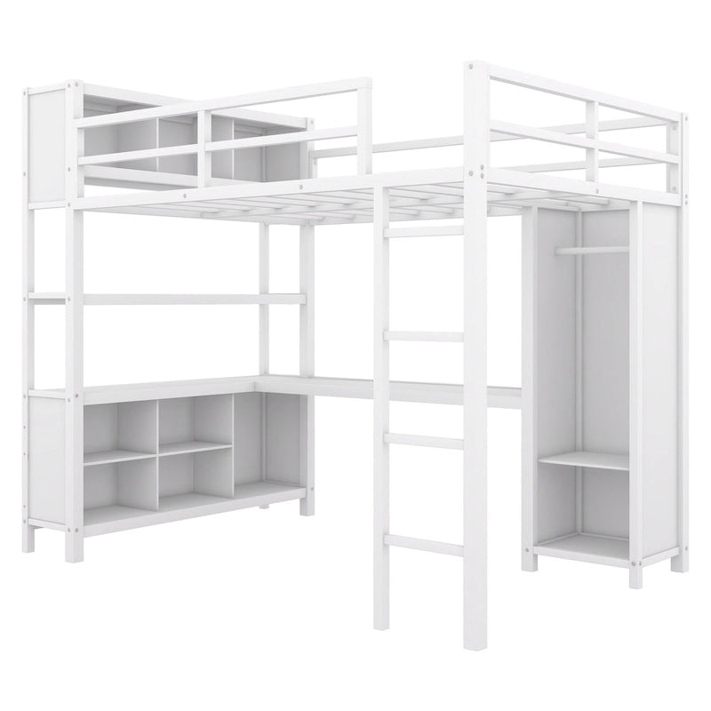 Lit mezzanine en métal pleine grandeur blanc cassé et noir avec bureau en L, armoire et rangement – 1 personne