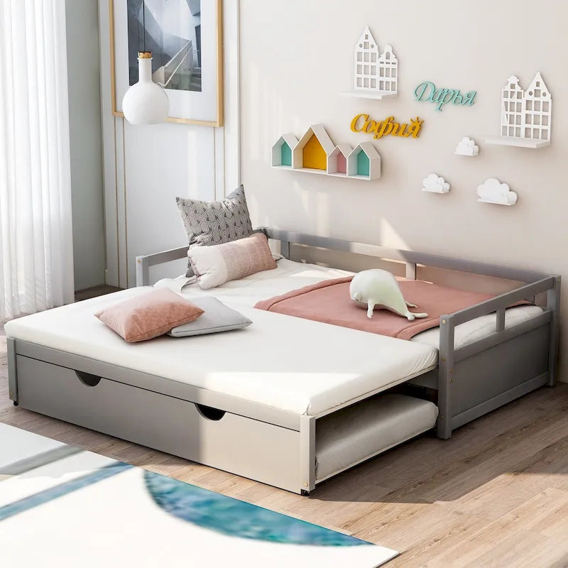 Lit de repos jumeau gris avec lit gigogne, pour 2 personnes