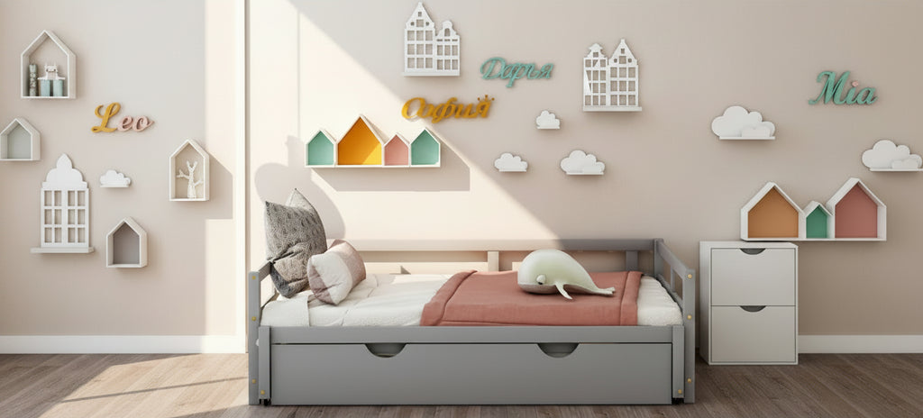 Lit de repos jumeau gris avec lit gigogne, pour 2 personnes