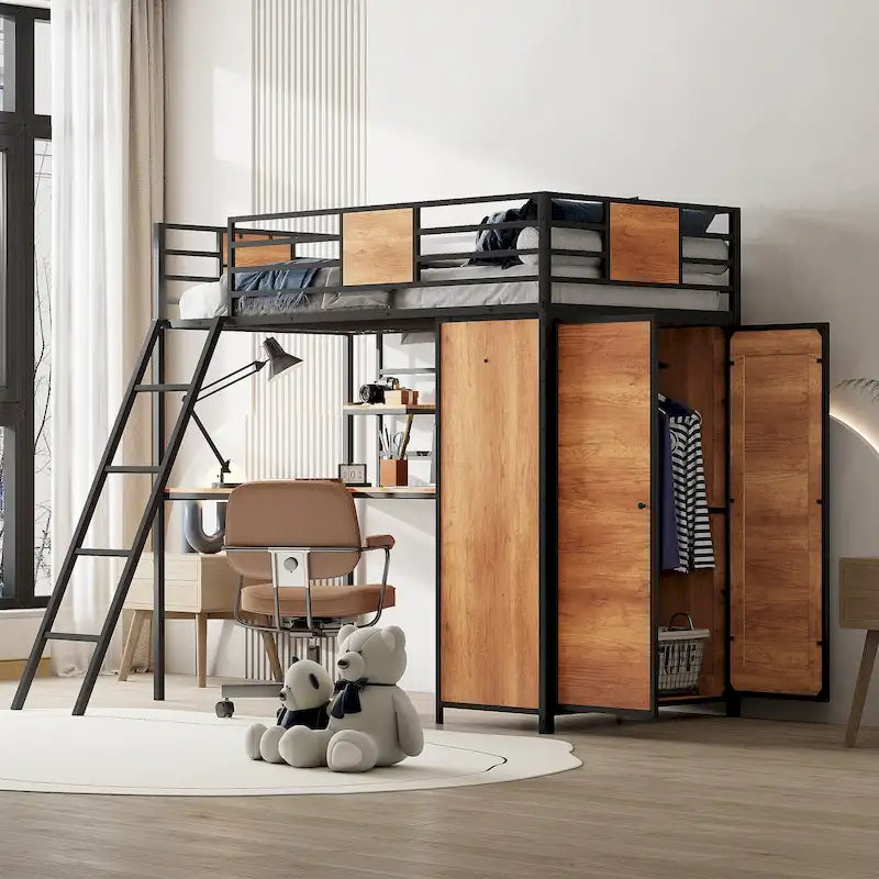 Lit mezzanine double noir et blanc avec bureau en L, armoire et échelle – Simple