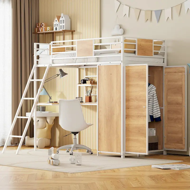 Lit mezzanine double noir et blanc avec bureau en L, armoire et échelle – Simple