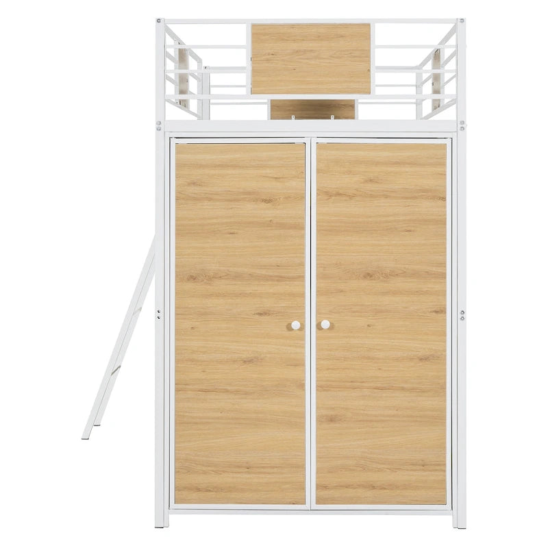 Lit mezzanine double noir et blanc avec bureau en L, armoire et échelle – Simple