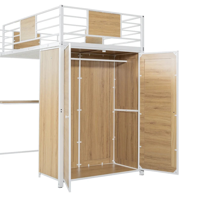 Lit mezzanine double noir et blanc avec bureau en L, armoire et échelle – Simple