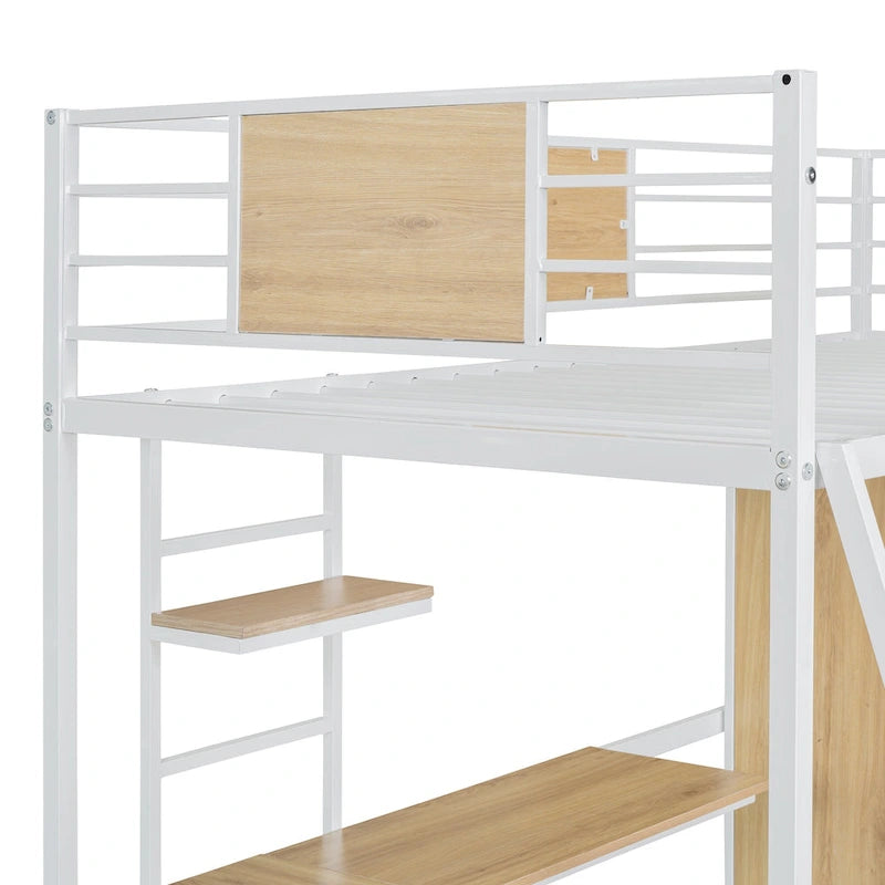 Lit mezzanine double noir et blanc avec bureau en L, armoire et échelle – Simple
