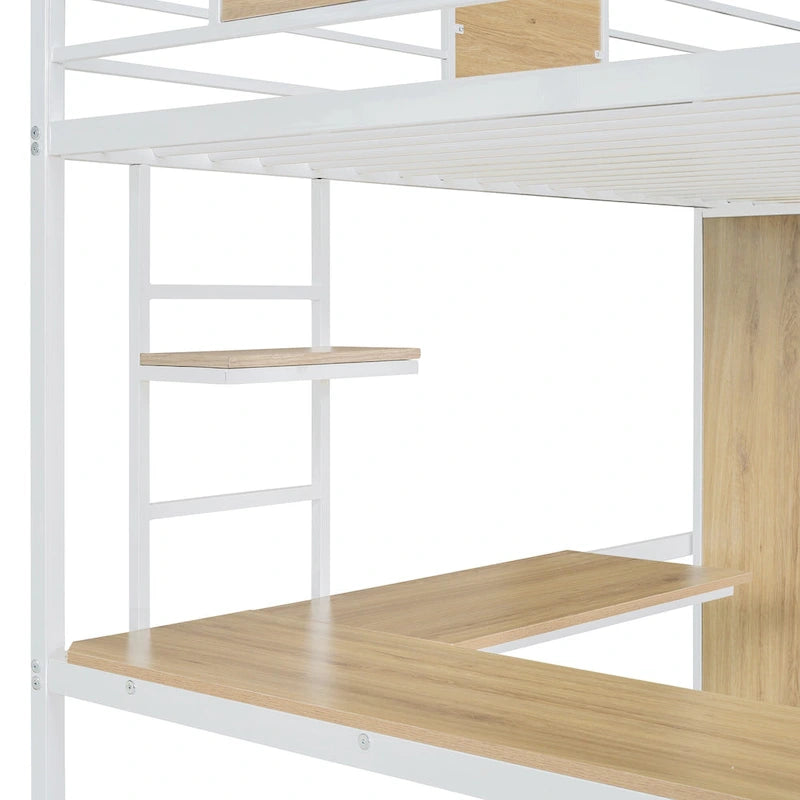 Lit mezzanine double noir et blanc avec bureau en L, armoire et échelle – Simple