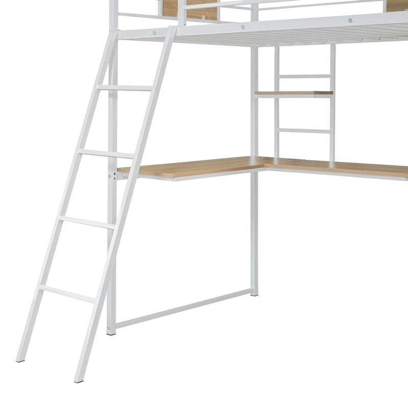 Lit mezzanine double noir et blanc avec bureau en L, armoire et échelle – Simple