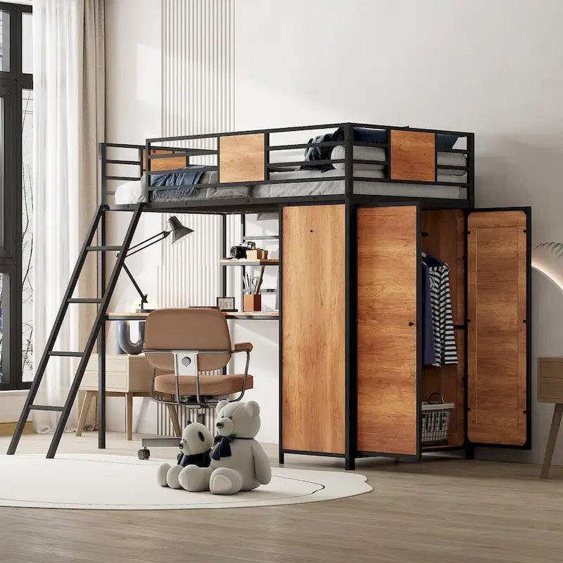 Lit mezzanine double noir et blanc avec bureau en L, armoire et échelle – Simple