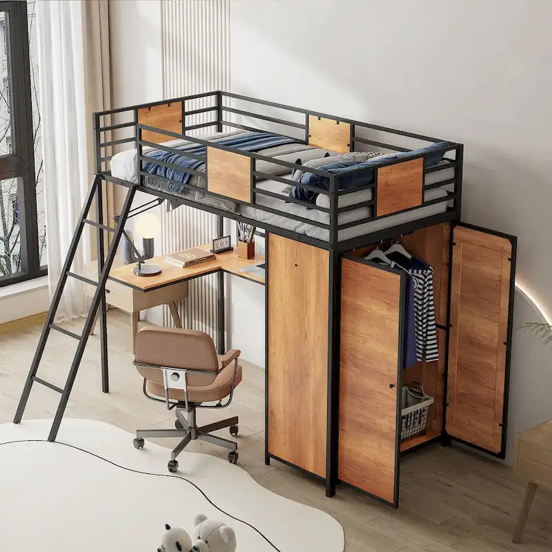 Lit mezzanine double noir et blanc avec bureau en L, armoire et échelle – Simple