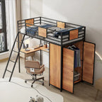 Lit mezzanine double noir et blanc avec bureau en L, armoire et échelle – Simple