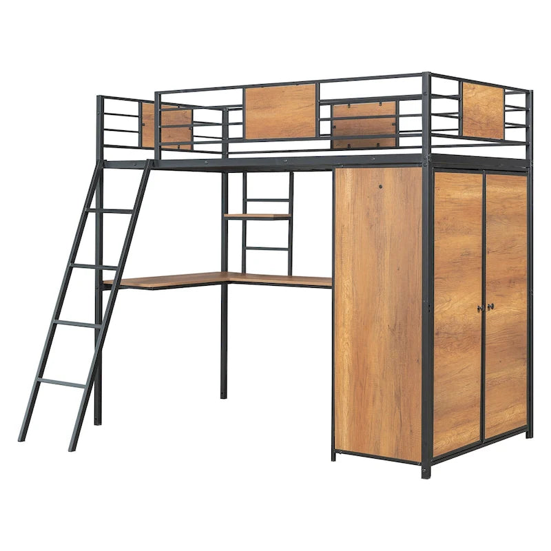 Lit mezzanine double noir et blanc avec bureau en L, armoire et échelle – Simple