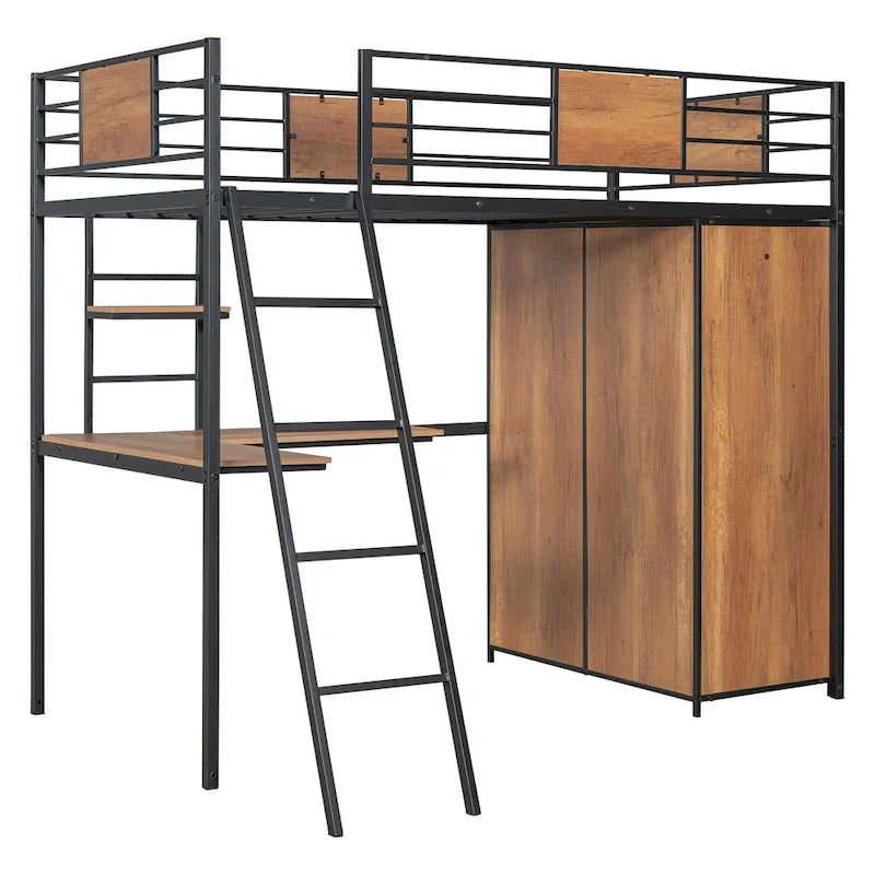 Lit mezzanine double noir et blanc avec bureau en L, armoire et échelle – Simple