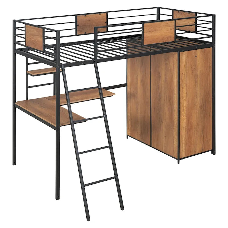 Lit mezzanine double noir et blanc avec bureau en L, armoire et échelle – Simple