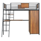 Lit mezzanine double noir et blanc avec bureau en L, armoire et échelle – Simple