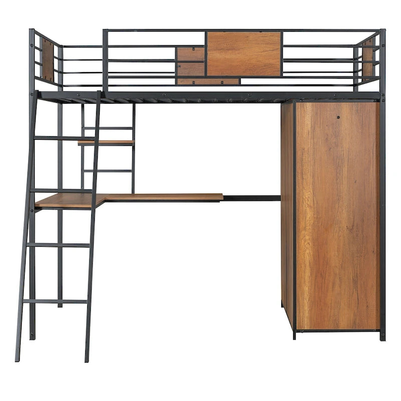 Lit mezzanine double noir et blanc avec bureau en L, armoire et échelle – Simple