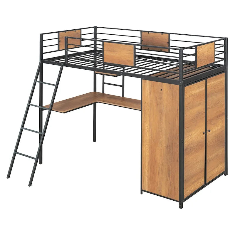 Lit mezzanine double noir et blanc avec bureau en L, armoire et échelle – Simple
