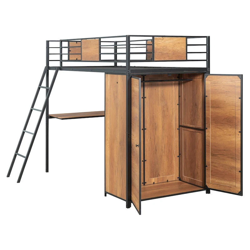 Lit mezzanine double noir et blanc avec bureau en L, armoire et échelle – Simple