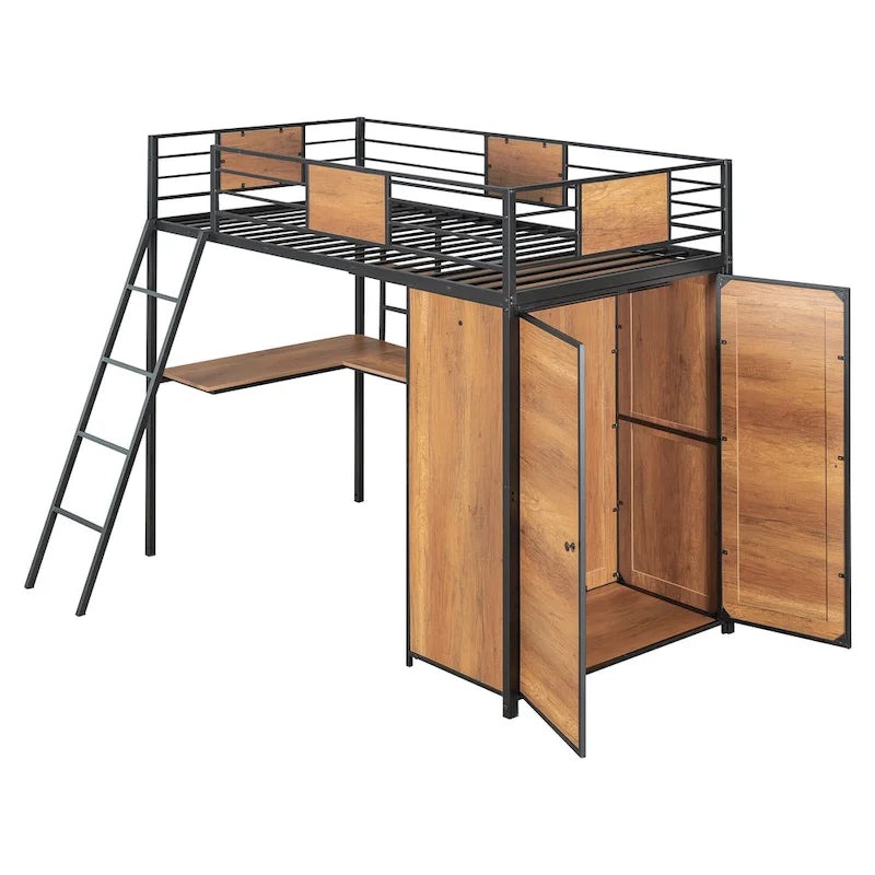 Lit mezzanine double noir et blanc avec bureau en L, armoire et échelle – Simple