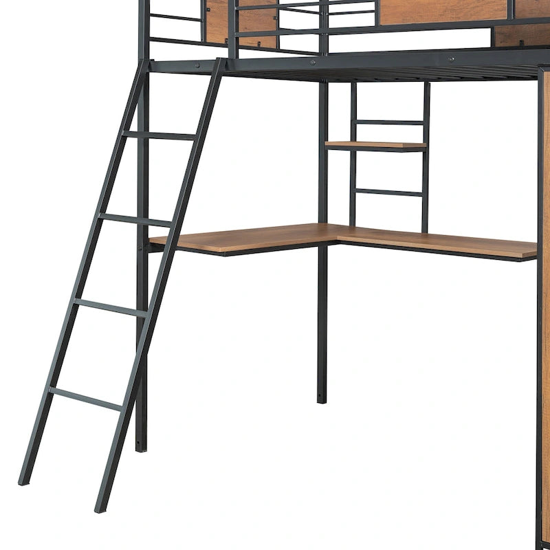 Lit mezzanine double noir et blanc avec bureau en L, armoire et échelle – Simple