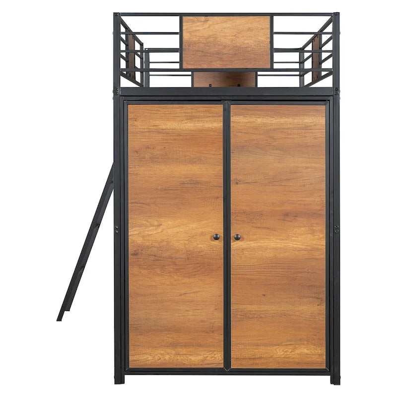 Lit mezzanine double noir et blanc avec bureau en L, armoire et échelle – Simple