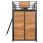 Lit mezzanine double noir et blanc avec bureau en L, armoire et échelle – Simple
