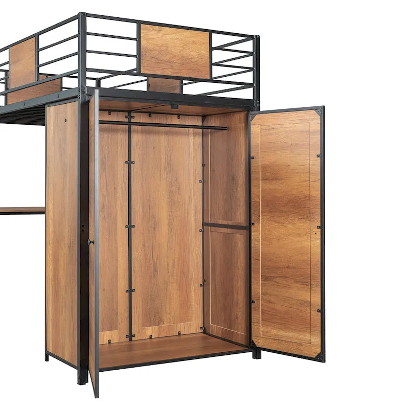 Lit mezzanine double noir et blanc avec bureau en L, armoire et échelle – Simple