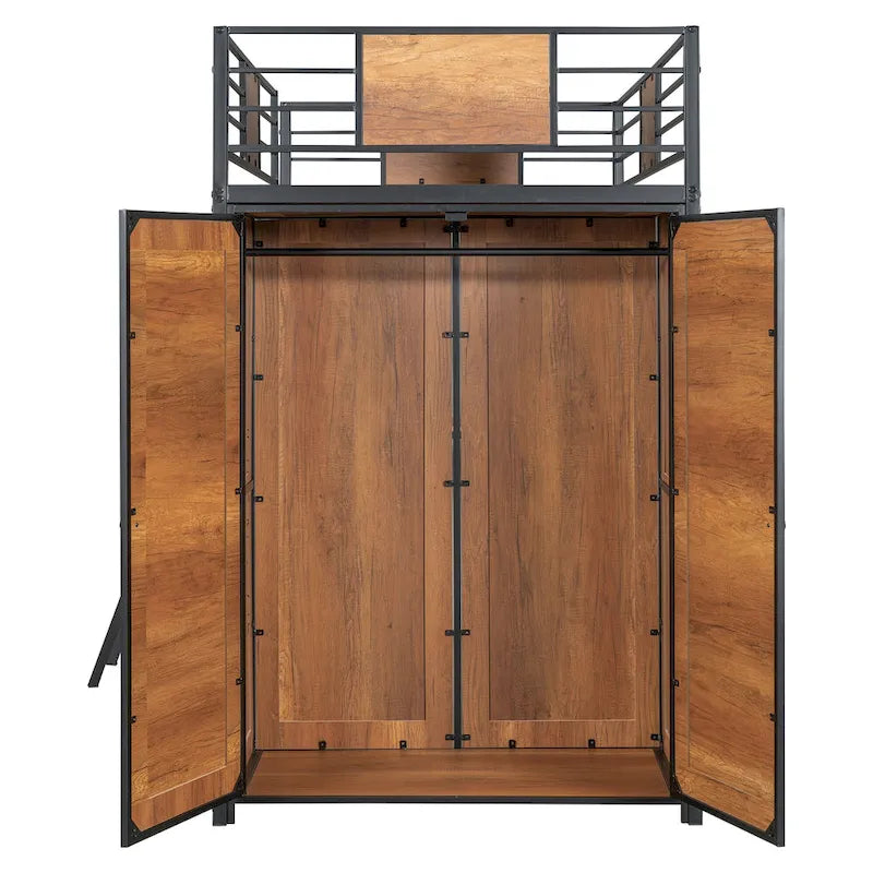 Lit mezzanine double noir et blanc avec bureau en L, armoire et échelle – Simple